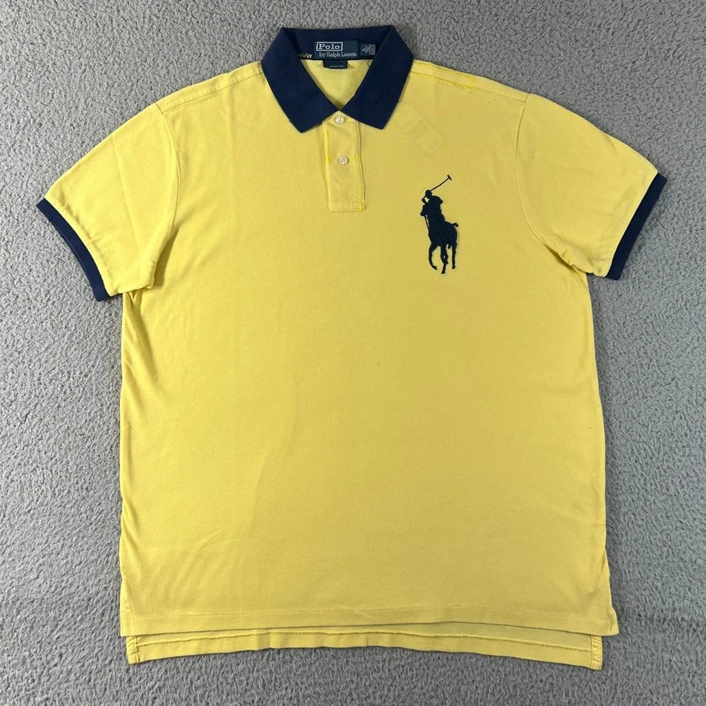 Polo Ralph Lauren Polo Shirt Mens L Yellow Navy Big Pony Custom Fit Vintage NWT